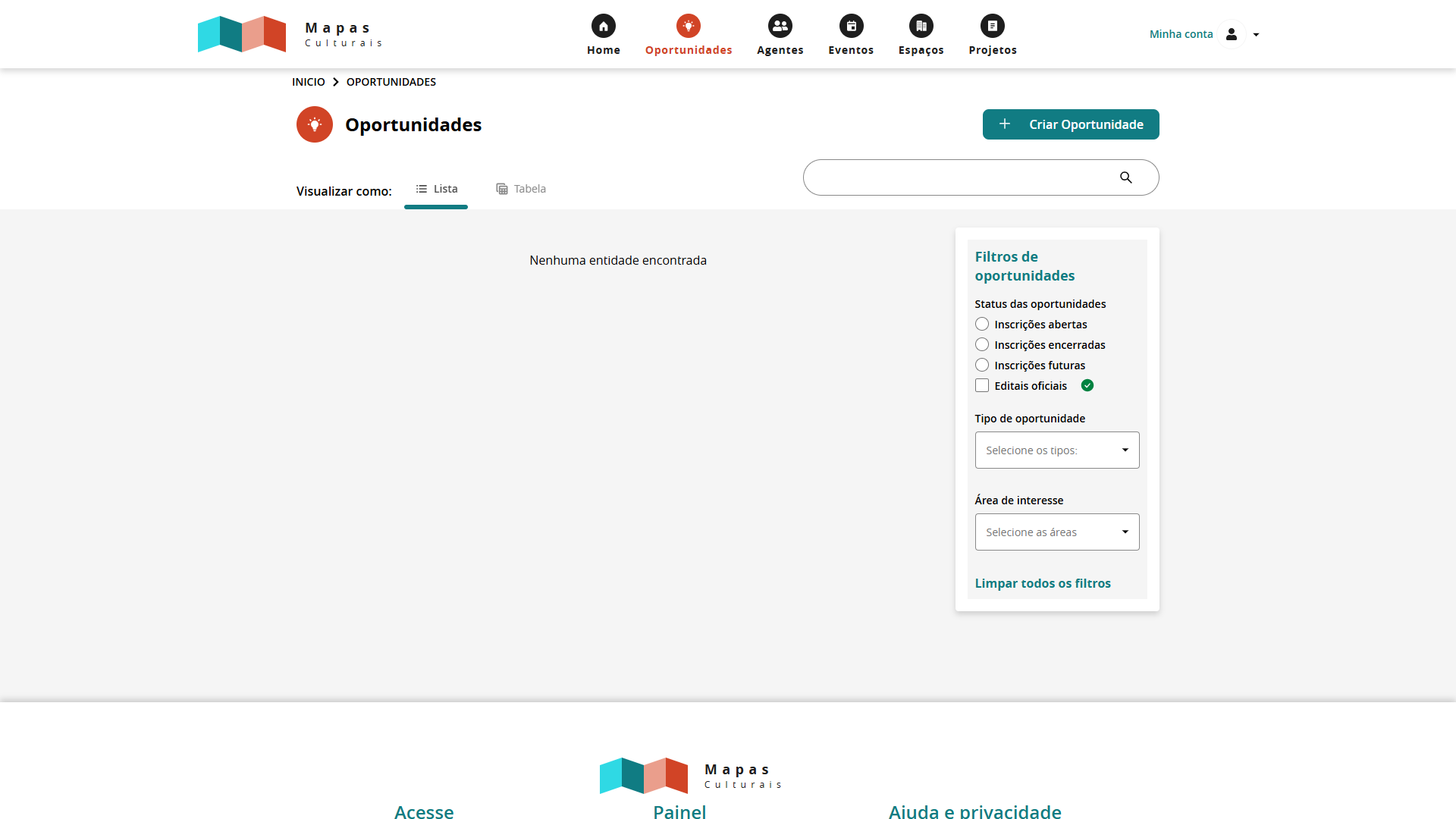Lista de oportunidades no Mapa Cultural