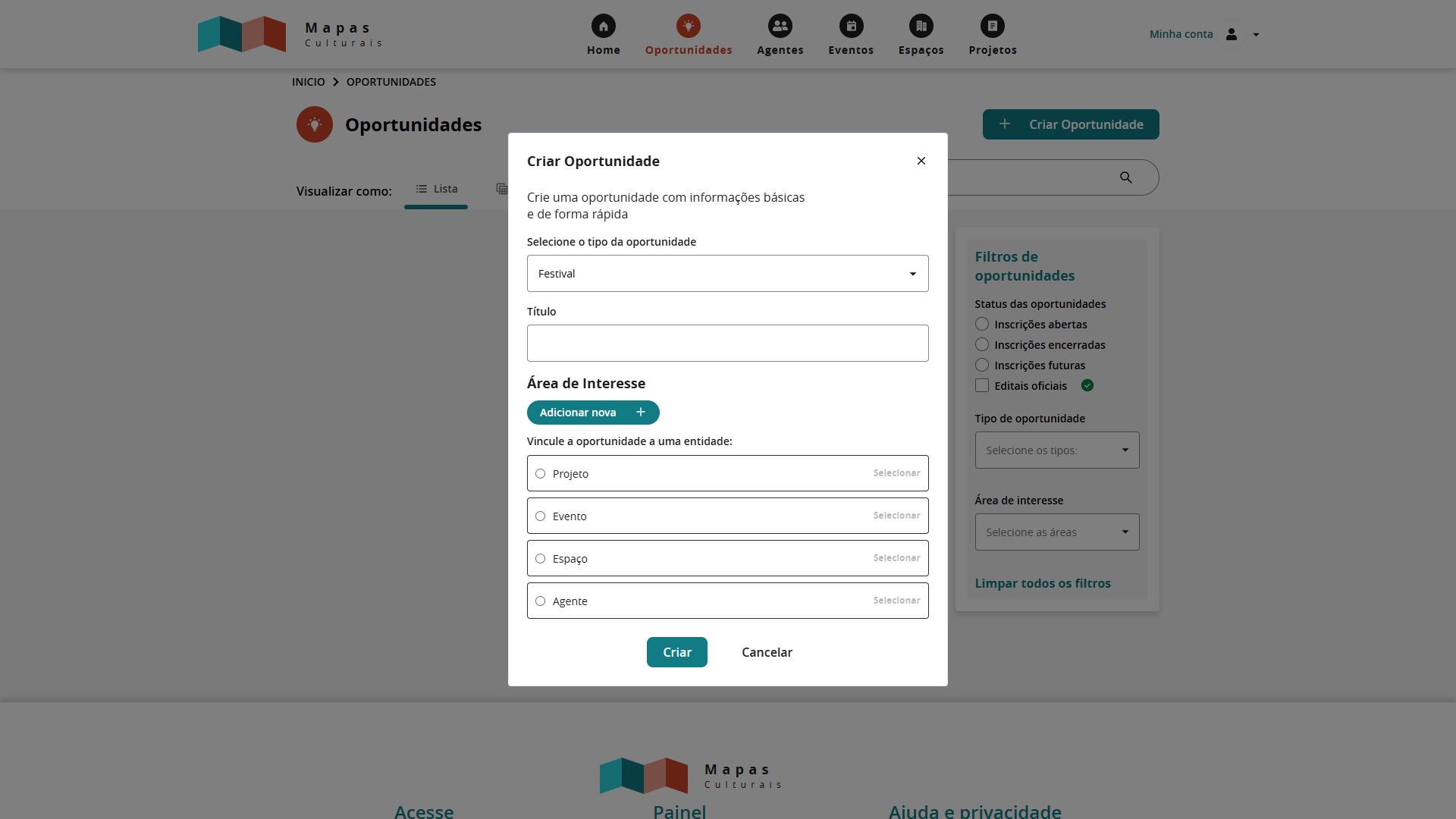 Criação de uma oportunidades no Mapa Cultural