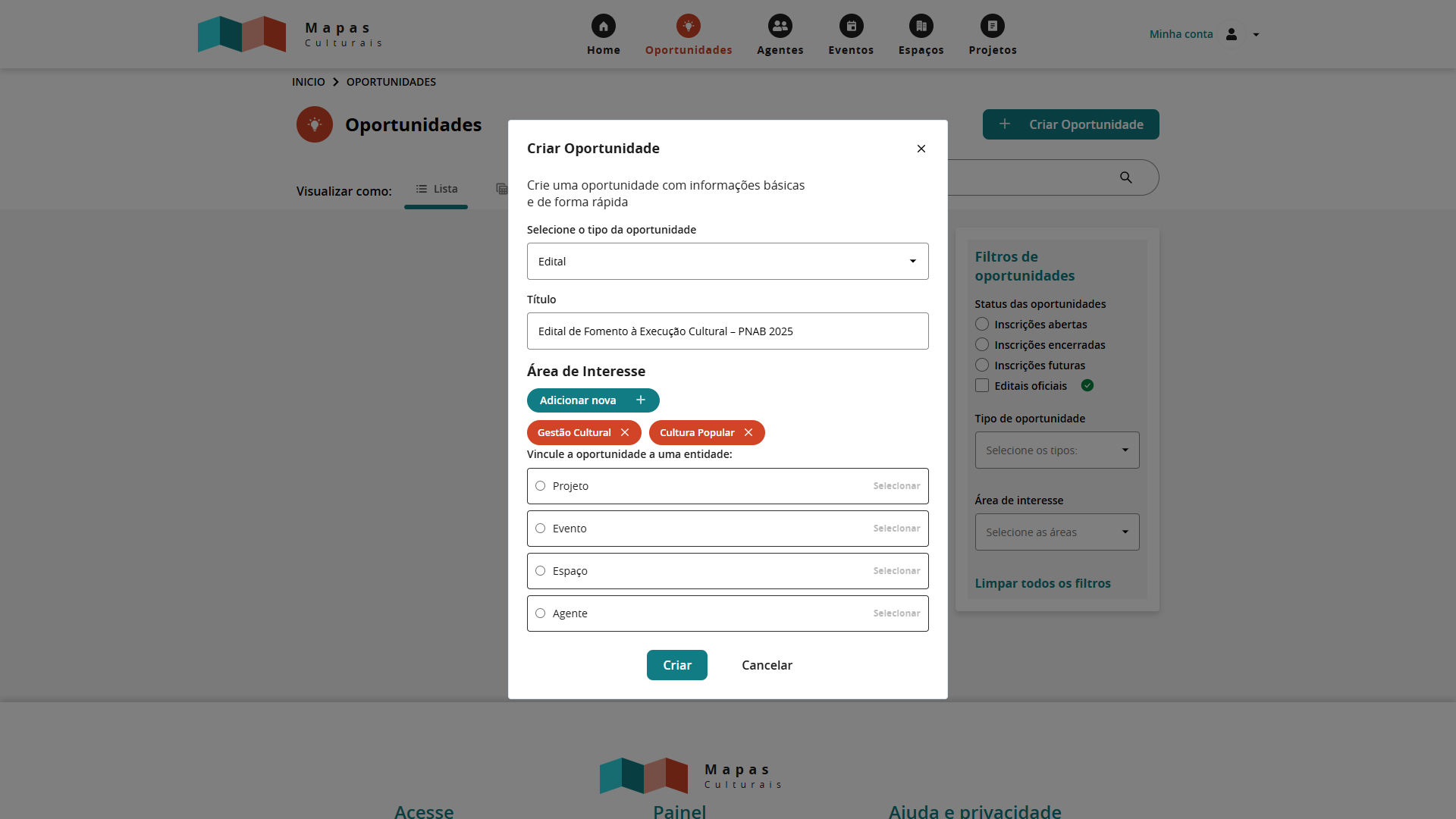 Criação de uma oportunidades no Mapa Cultural com os dados preenchidos