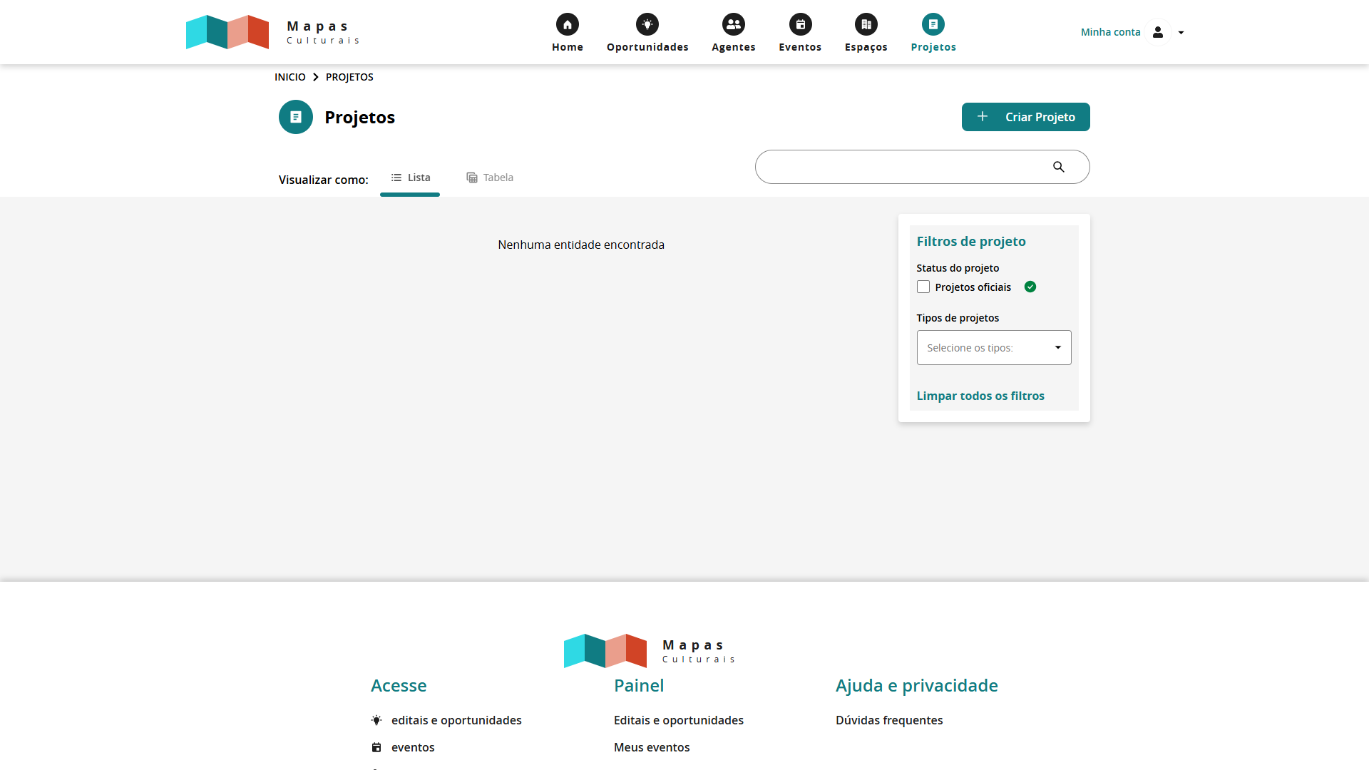 Lista de projetos no Mapa Cultural