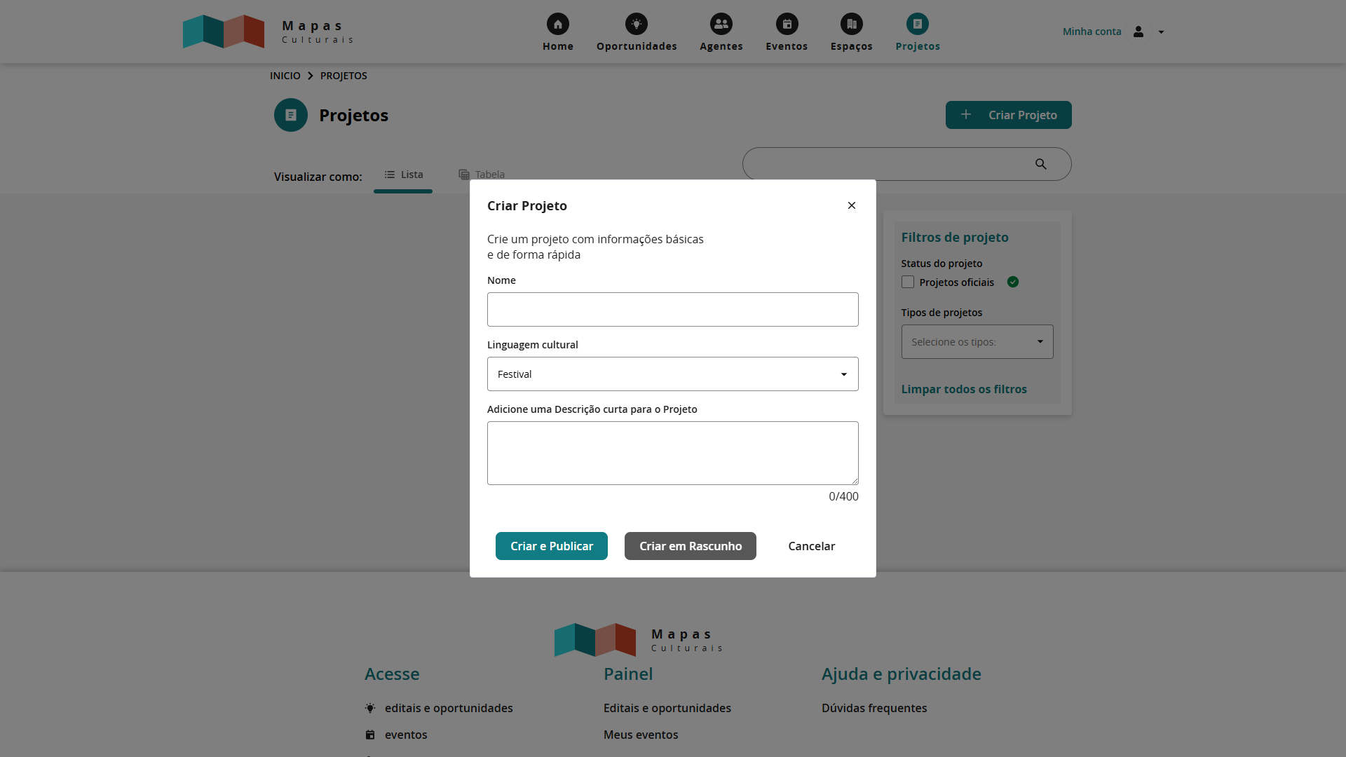 Popup que aparece ao apertar em <code>+Criar projeto</code> na página de projetos do Mapa Cultural