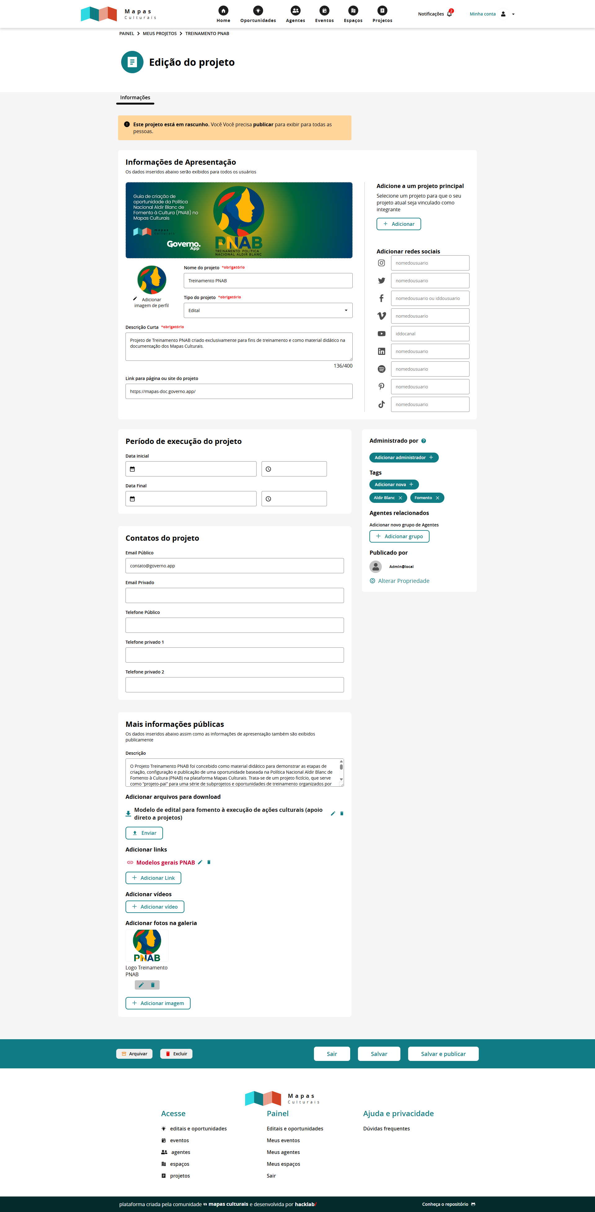 Gerenciamento do projeto Treinamento PNAB preenchido, em rascunho, no Mapa Cultural