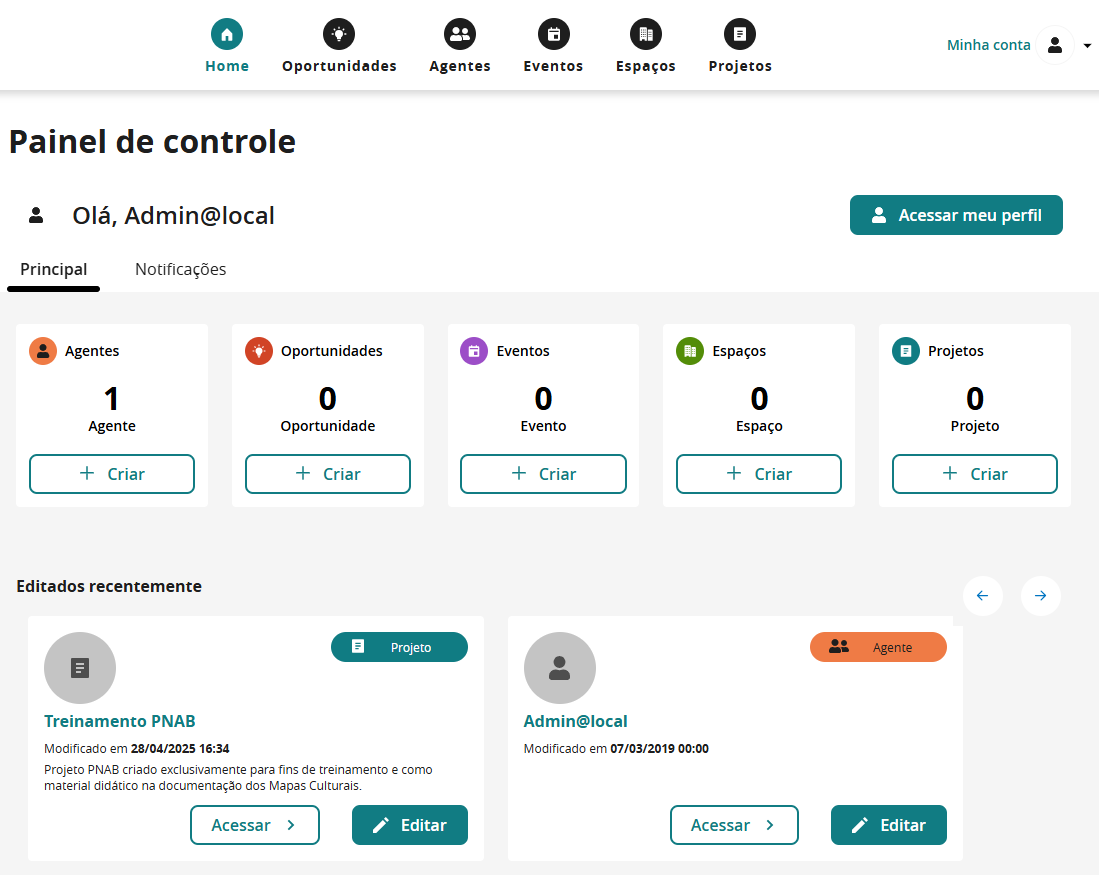 Painel de controle sem nenhum projeto contabilizado no Mapa Cultural