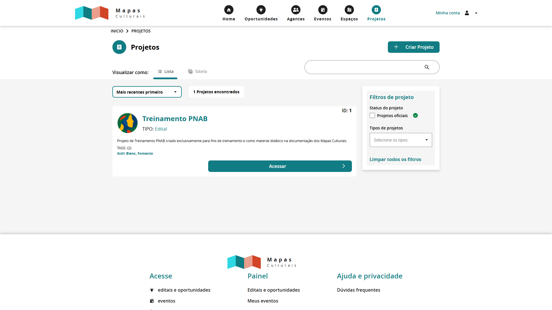 Projeto Treinamento PNAB na aba de Projetos dos Mapas Culturais