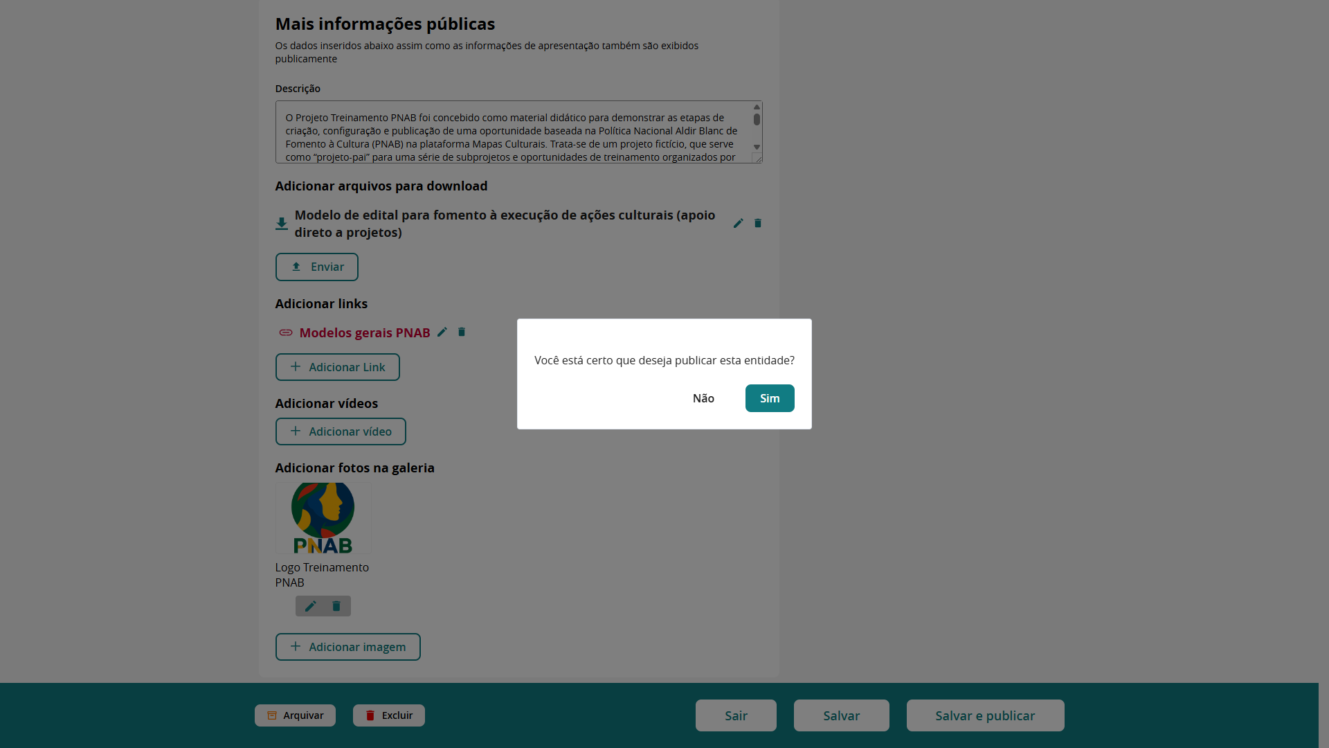 Confirmação para publicação do projeto Treinamento PNAB