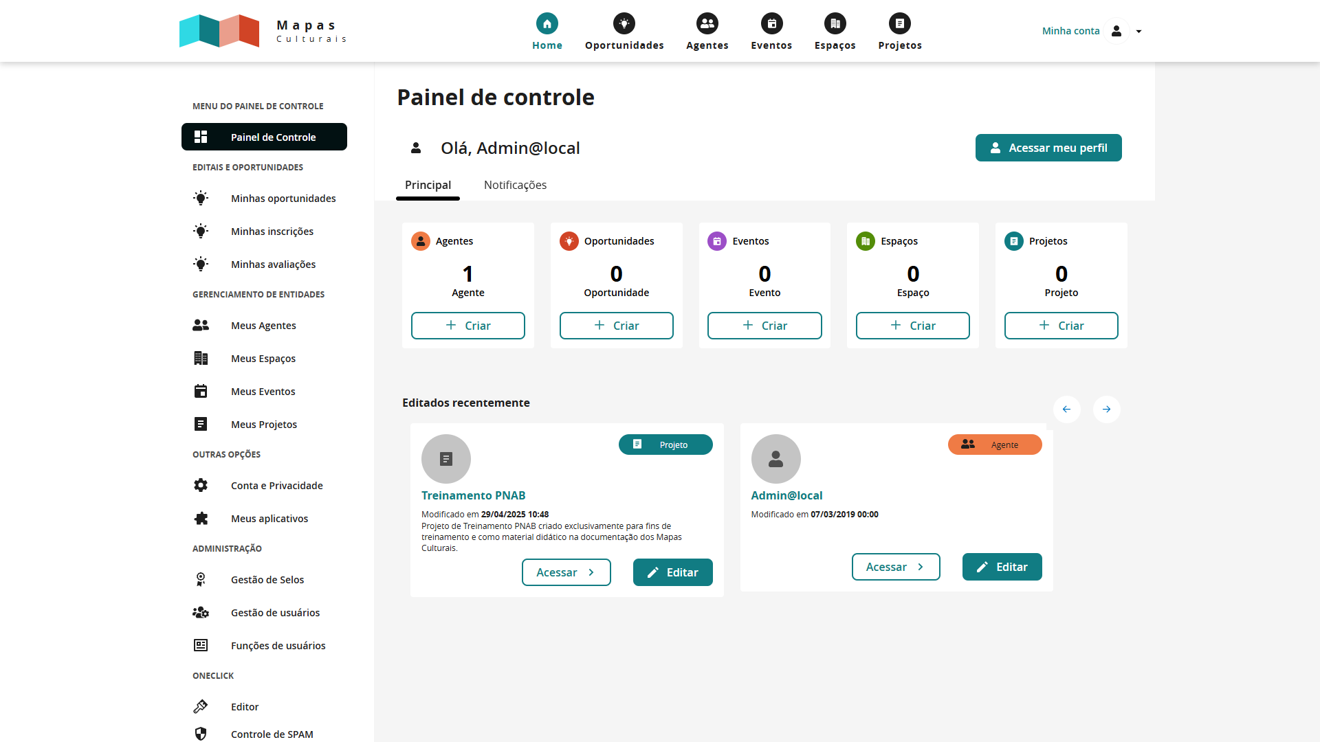 Projeto Treinamento PNAB contabilizado no Painel de Controle
