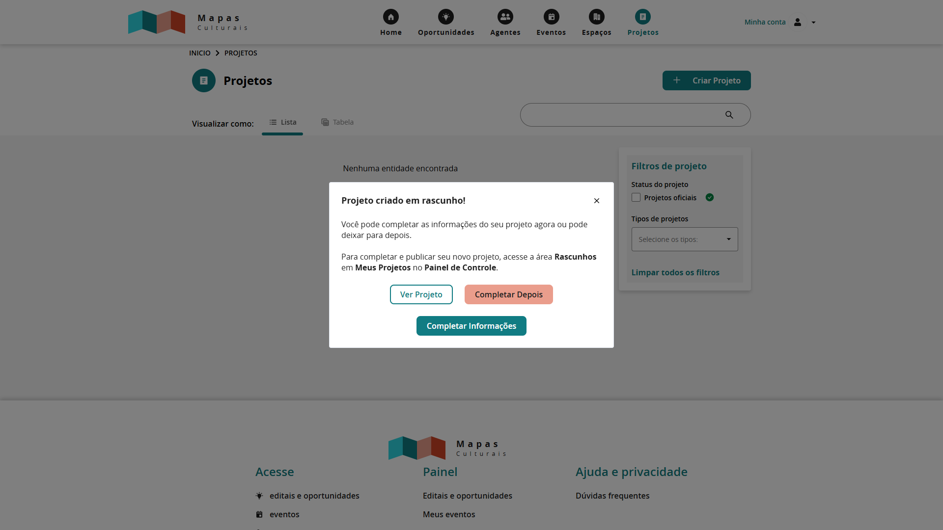 Popup confirmando a criação do projeto como rascunho na página de projetos do Mapa Cultural