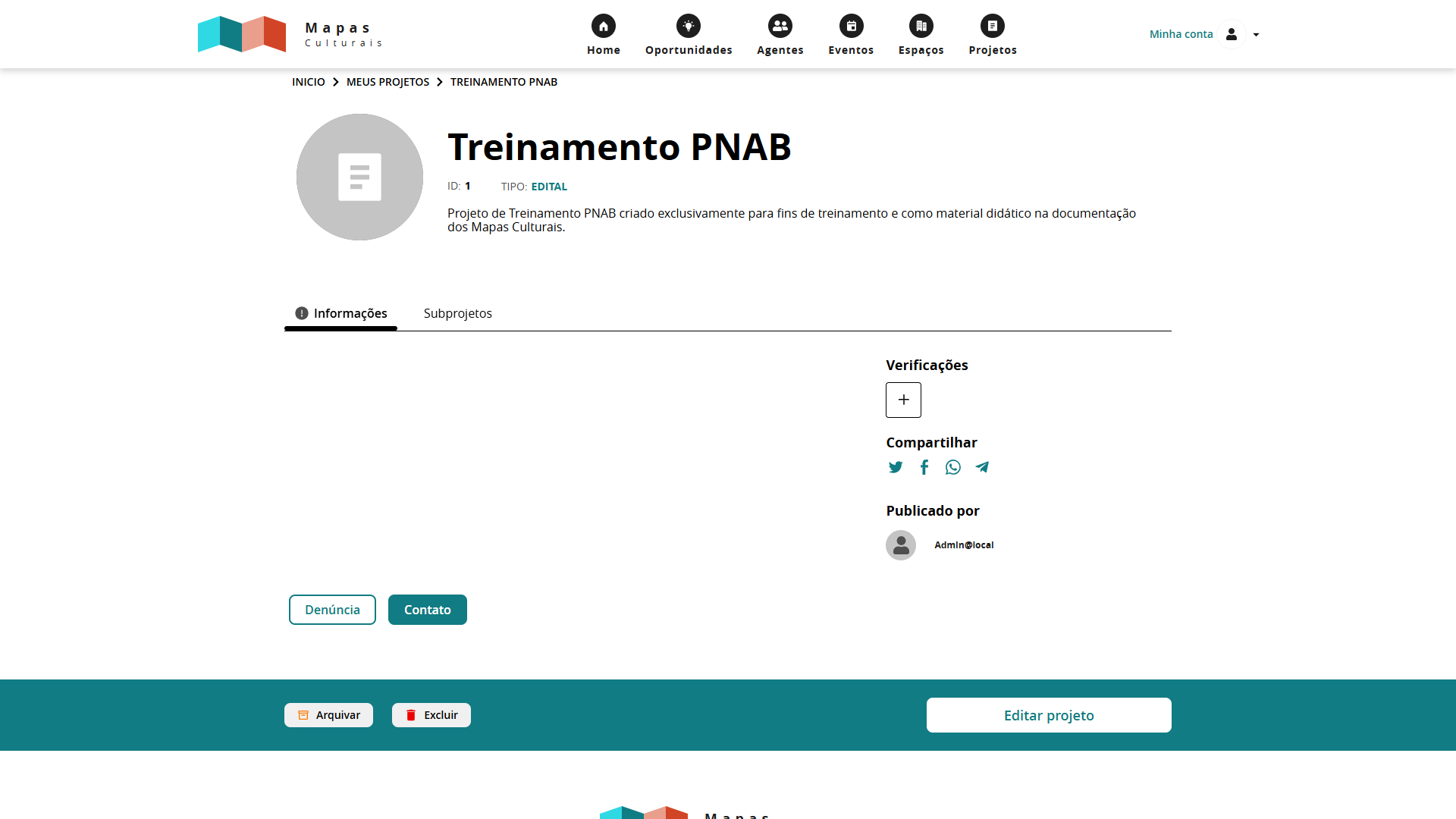 Visualização do projeto Treinamento PNAB no Mapa Cultural