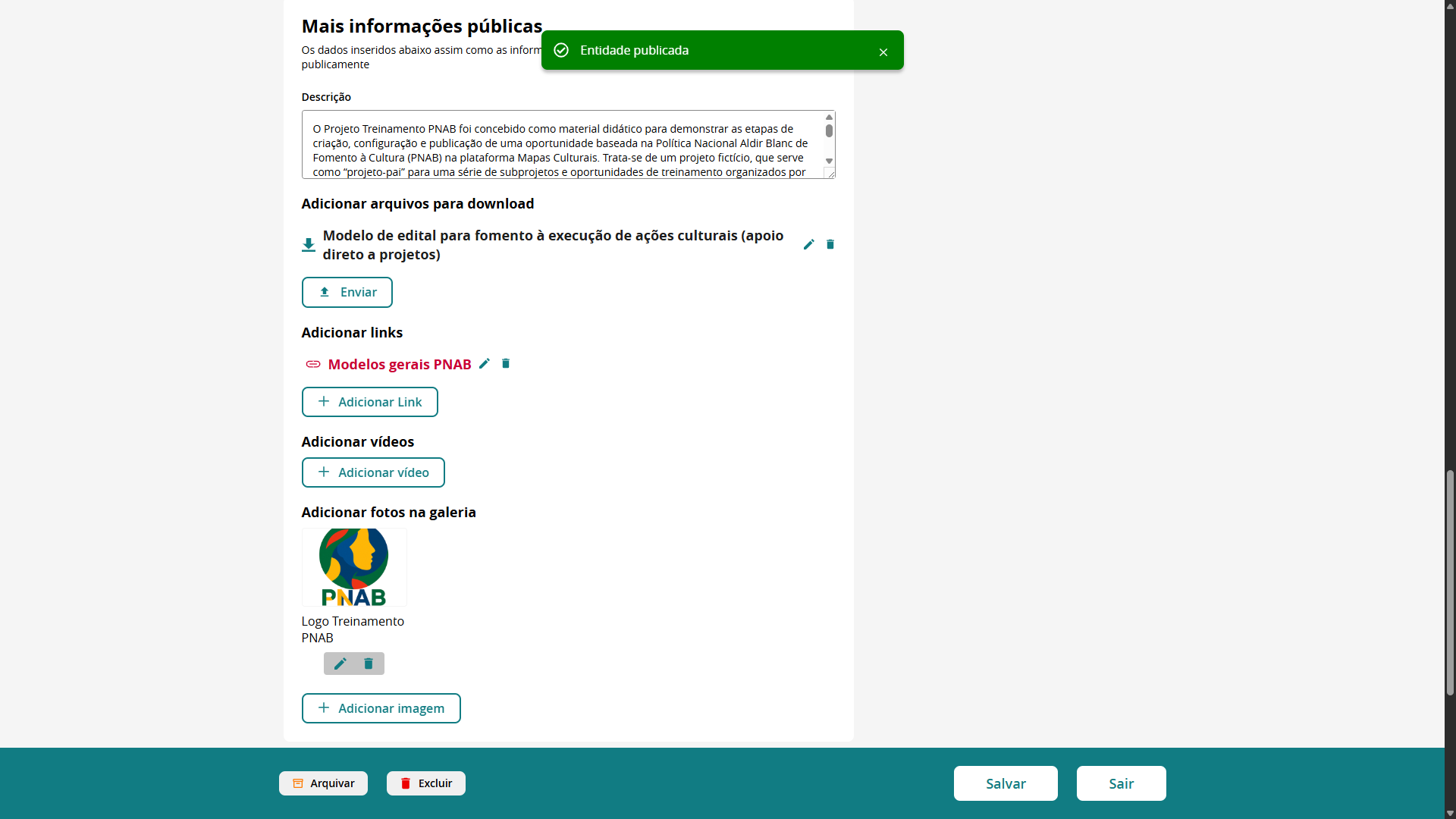 Confirmação para publicação do projeto Treinamento PNAB
