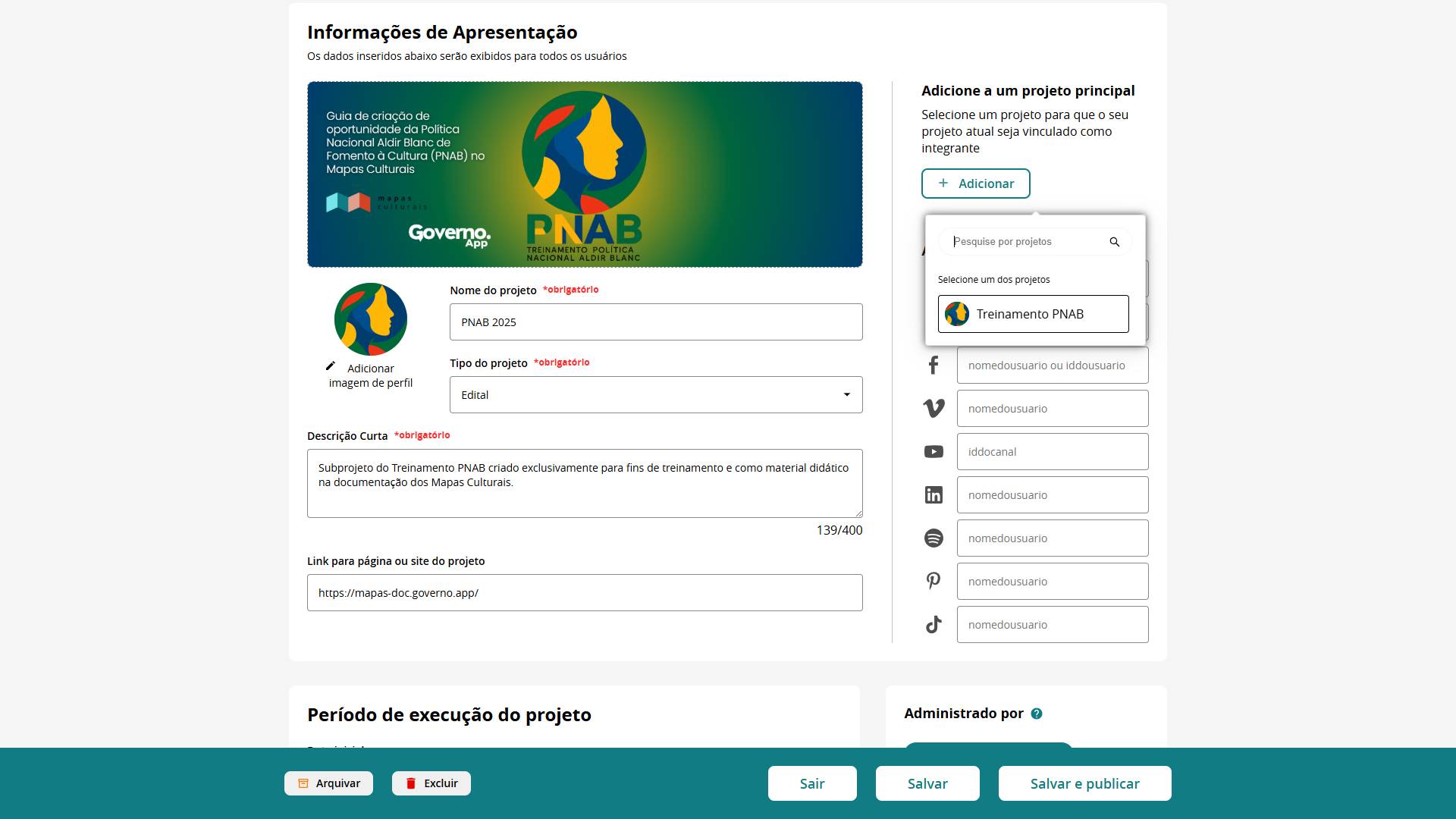 Subprojeto PNAB 2025 a ser vinculado ao projeto Treinamento PNAB