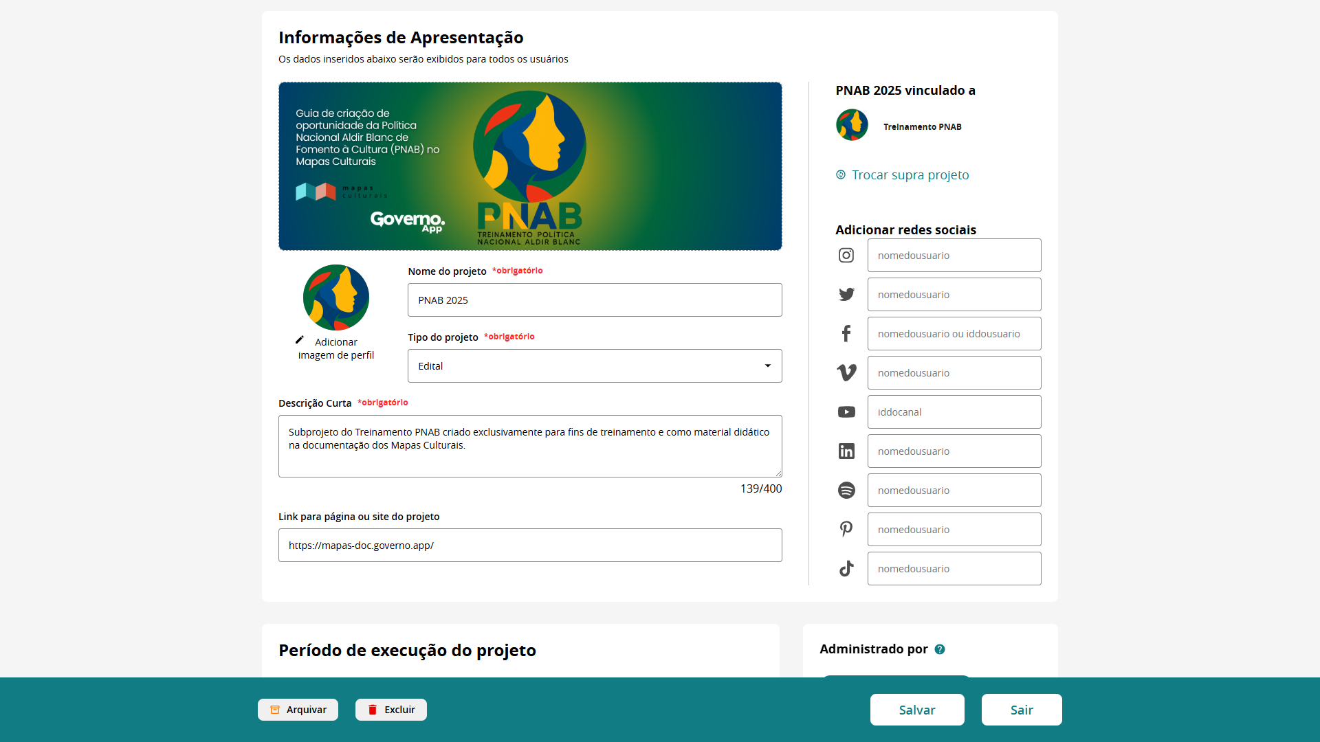 Subprojeto PNAB 2025 vinculado ao projeto Treinamento PNAB